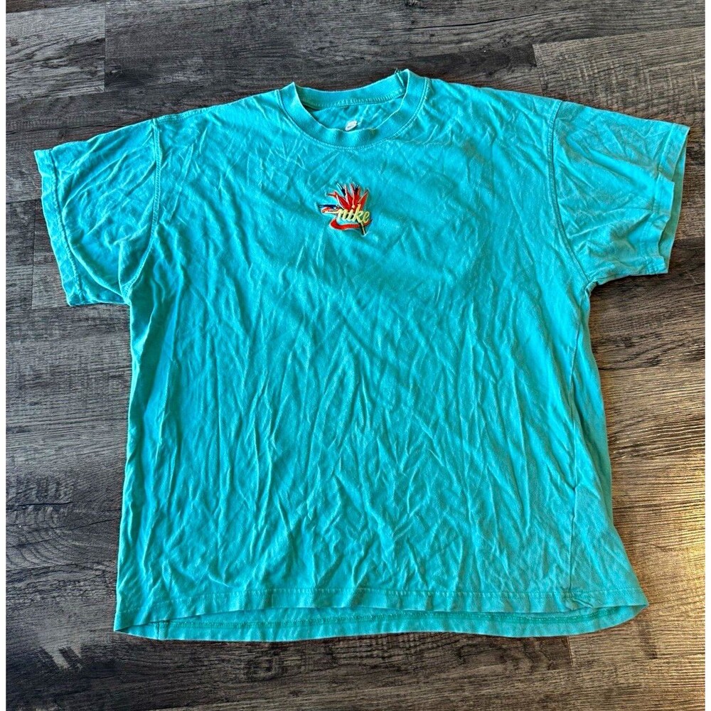 Nike Bird of Paradise Embroidered Center Logo T-Shirt Aqua Blue Mens XL
